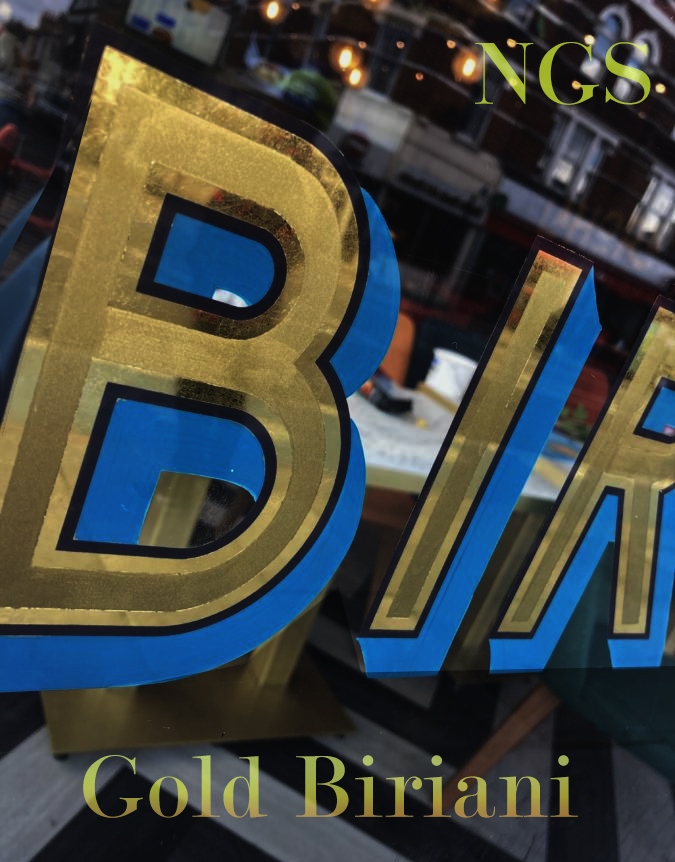 Gold Biriani Glass lettering cafes restaiurants London NGS sign