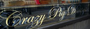Crazy Pig jewellery glass gilded signage NGS signwriting London