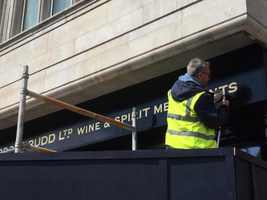 Case History Berry Bros Rudd, Berry Bros Rudd sign gilding. signwriting book sign painting book urban distressed NGS London ghost sign lettering.