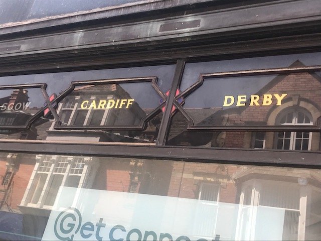 Burton shop Restoration signwriting, gold leaf restured window lettering, NGS London, 