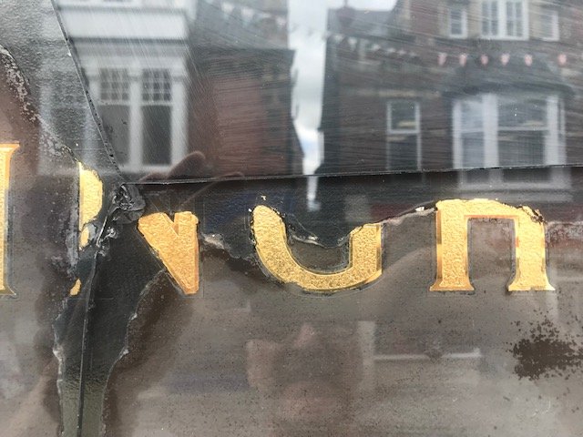 Burton shop Restoration signwriting, gold leaf restured window lettering, NGS London, 