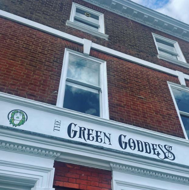 Green goddess pub sign by traditional sign painters NGS London