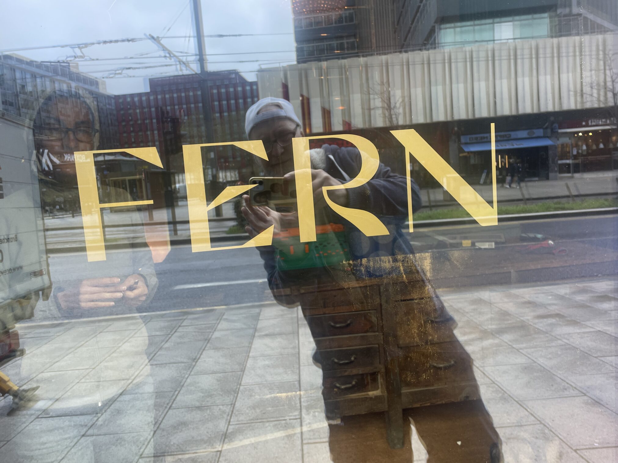 Fern Croydon 'NGS Satine' gold leaf signage on glass London sign writers NGS seraina