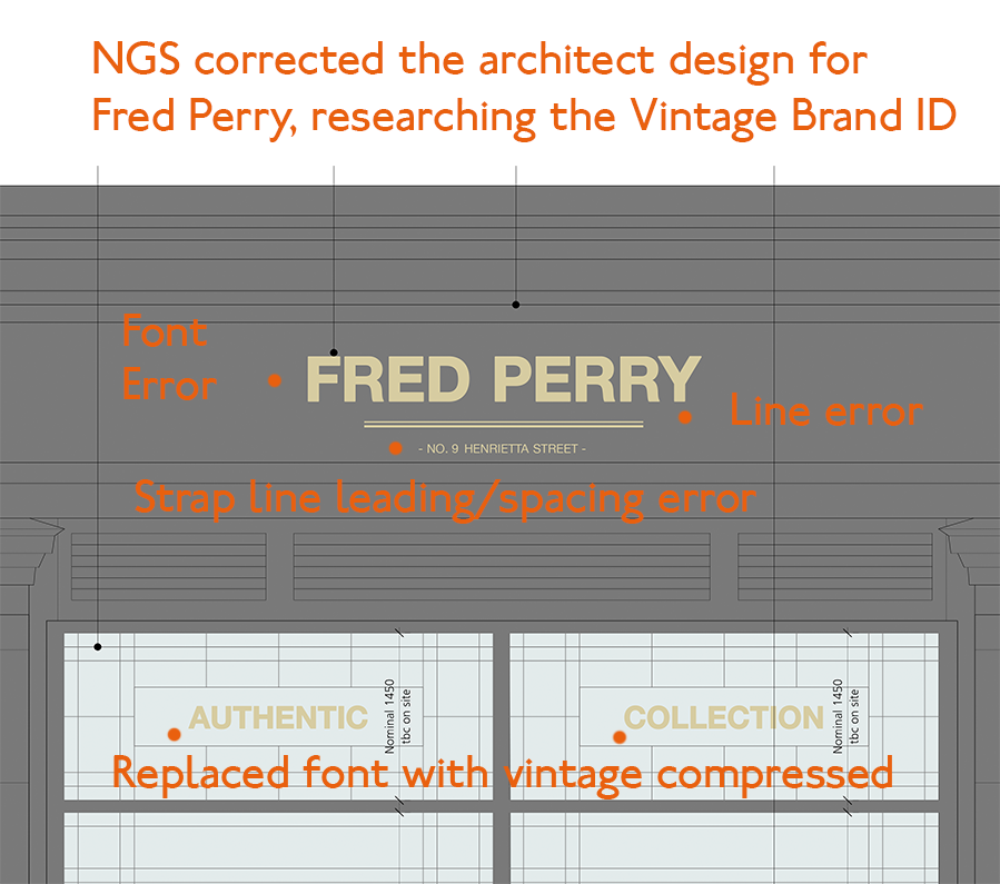 NGS Custom Typefaces & Fonts. Re design of type for Fred Perry London NGS signs