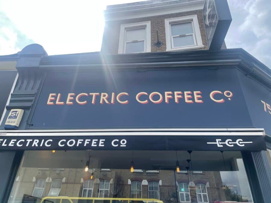 NGS Painted Cafes Electric Cafe sign,, Traditional sign writers of London NGS Dulwich Margate Chelsea signwriters