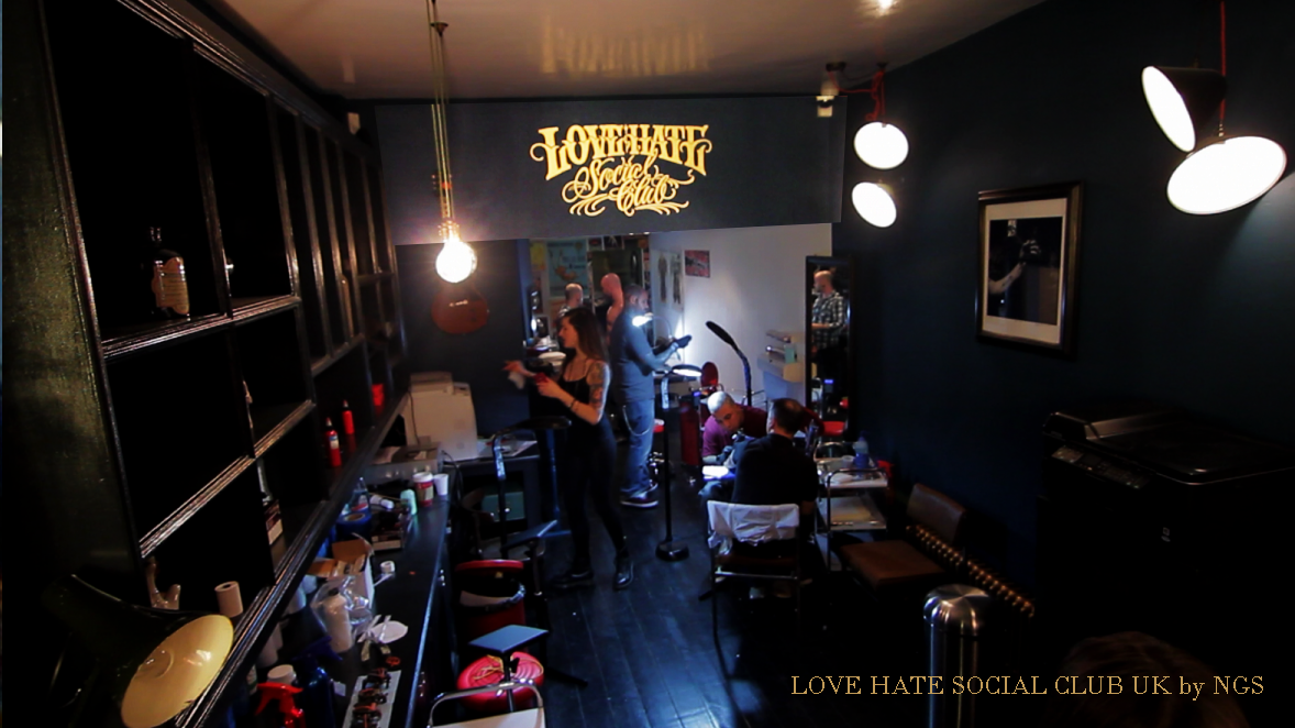 Love Hate siocial club Logo design. NGS (Rock n Roll) GOLD Leaf Sign writing London NGS