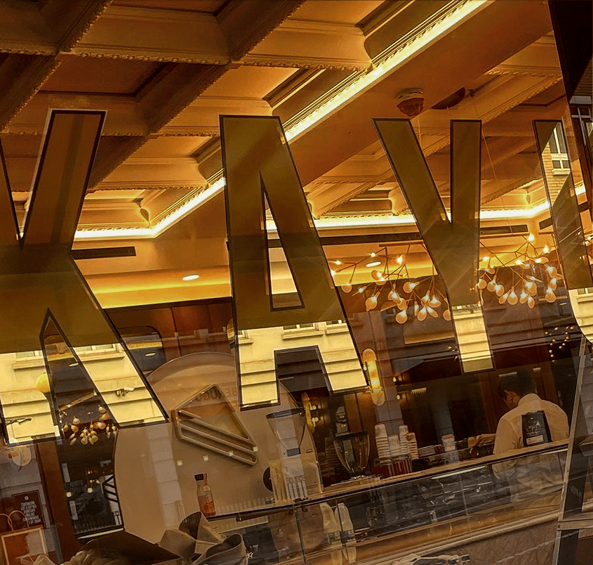 KAYU Gold leaf glass Mayfair NGS Seraina NGS Glass gilding Traditional Sign Writer NGS London. Marylebone, Mayfair, Soho,
