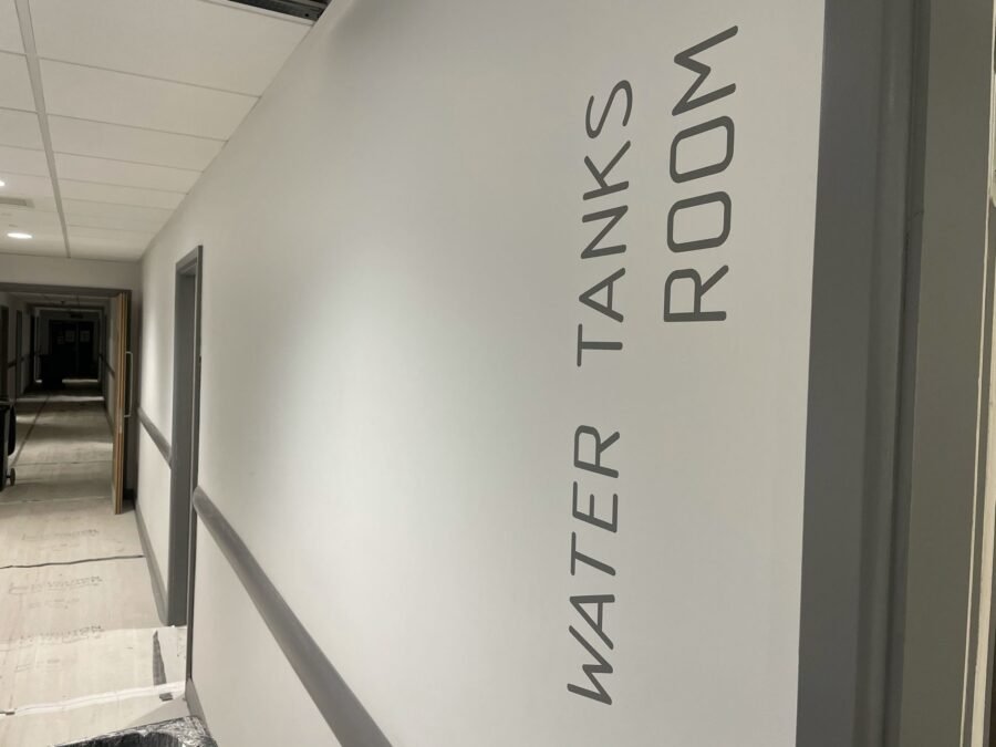 Hand Painted Signage Lift reception lobby - signage Wayfinding Camden Mental Health bedroom/Lift Lobby wall numbers
