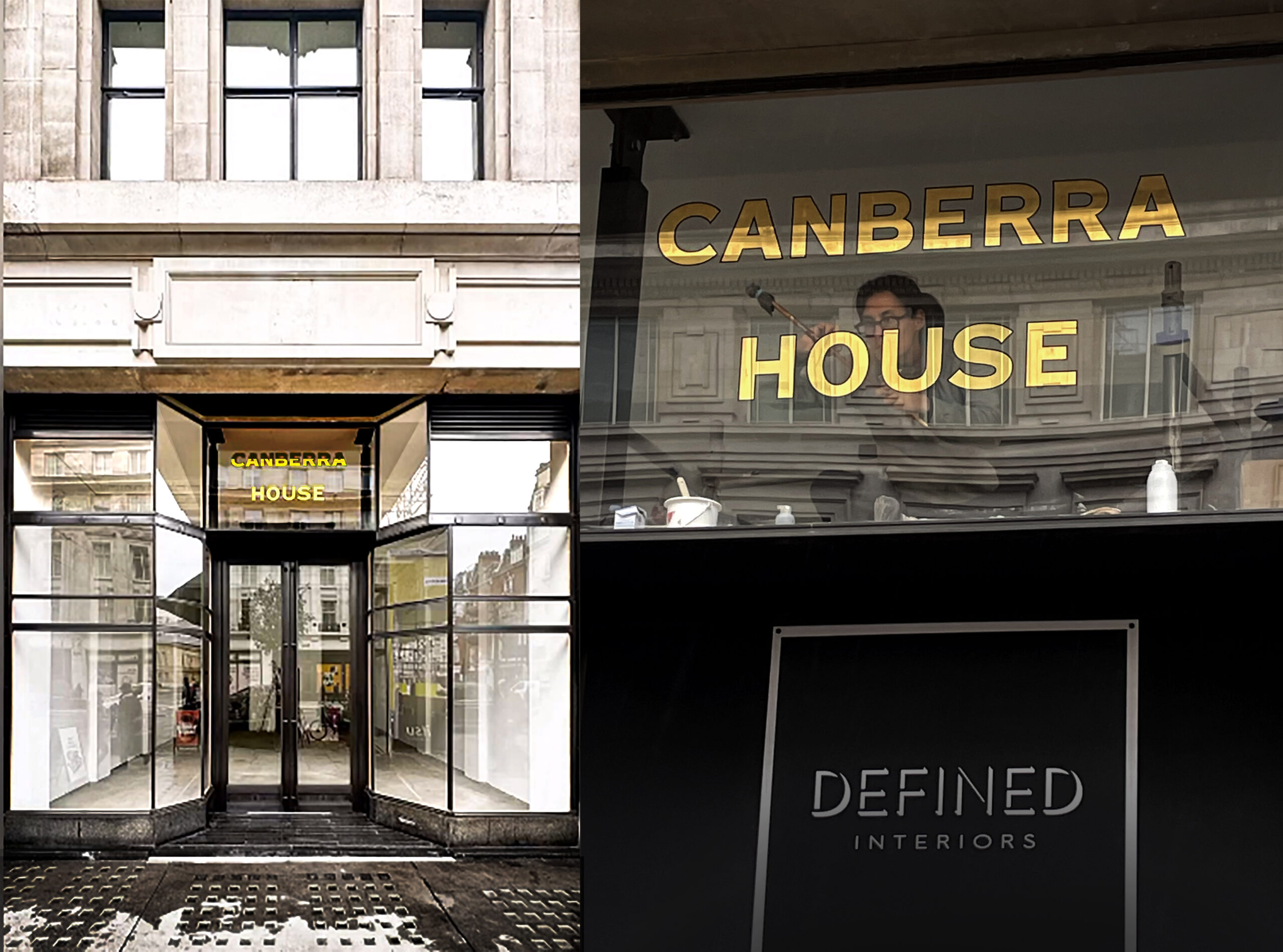 Restoration of Canberra House,gold leaf transom, regent street, Gold Restored,Caslon Soho Bold Lettering Bond Street NGS. Specialist vintage lettering artists. retro vintage signage brand design
