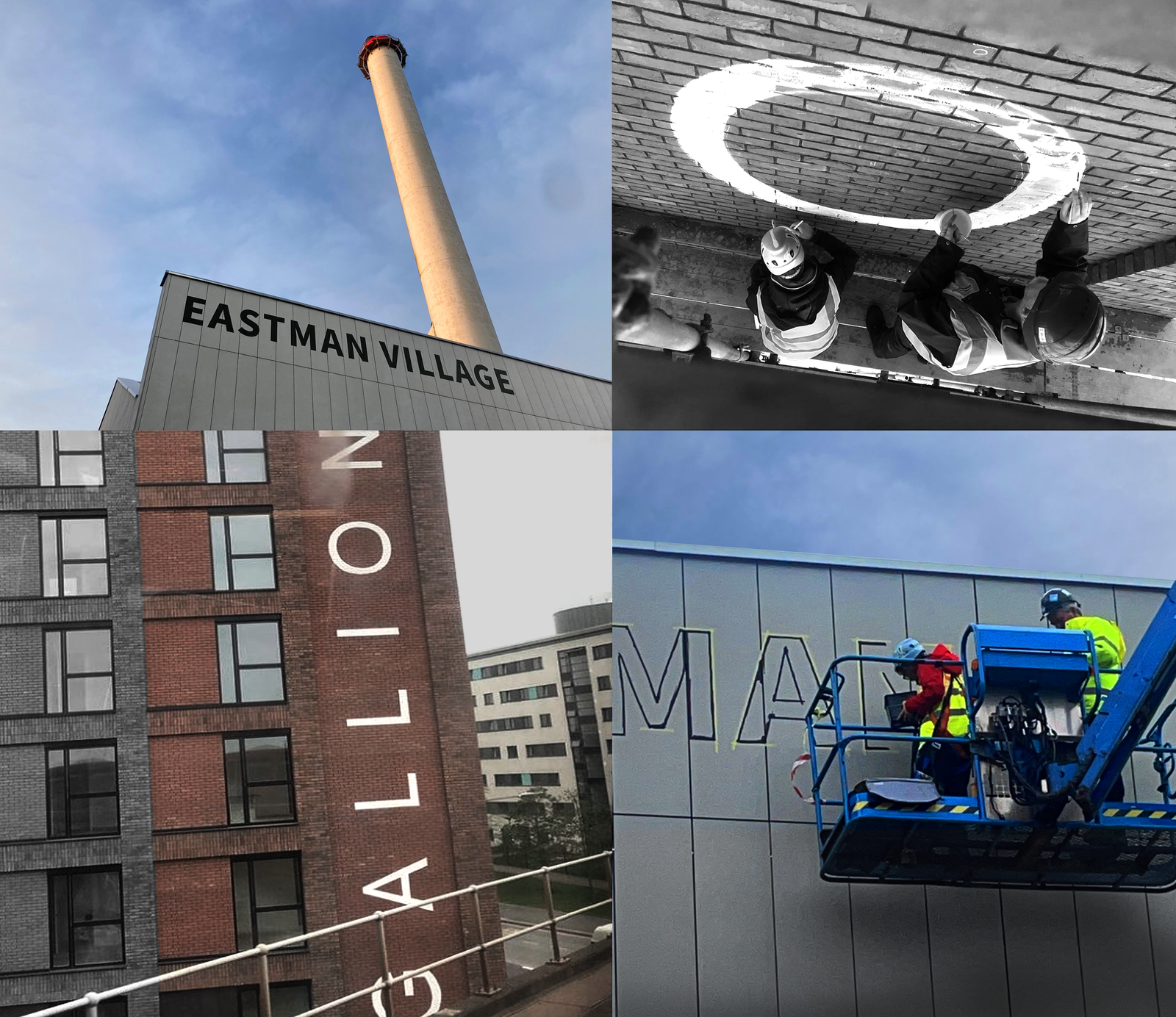 High Level Signage on rough render, cladding or brickwork. MEWP sign access NGS, Video NGS signwriting Roman O letter