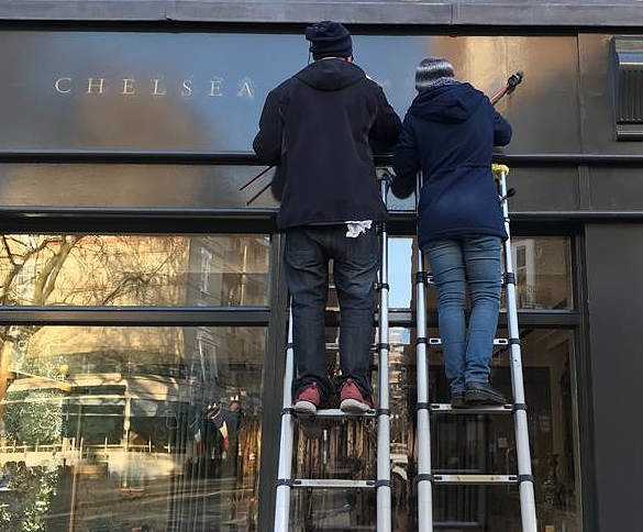 Nick and Seraina NGS Signs, sign painters London, How to order a Sign,  NGS. Sign writing costs NGS, Marylebone, Mayfair, Soho, Borough market cafe coffee house signage NGS Chiswick