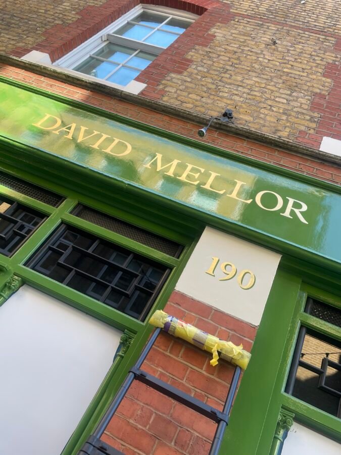 Shop sign writing London. David Mellor Chelsea sign writing, NGS London