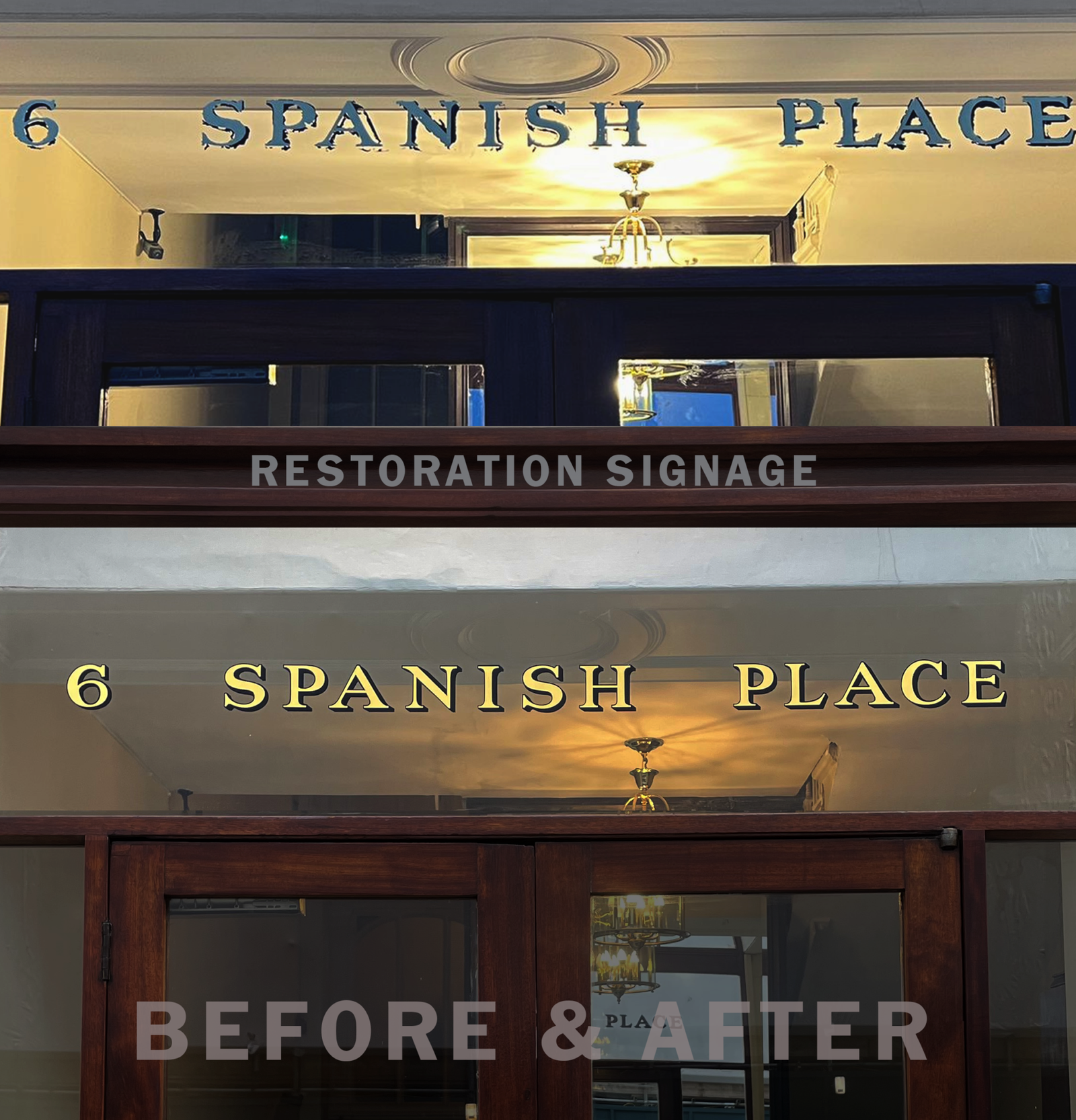 Gold fanlight restoration signage