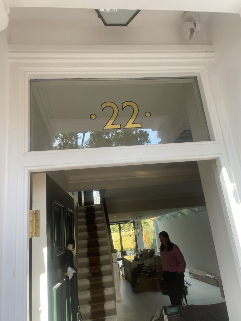 House numbers painted by hand, Titles, names, painted in London, Hand crafted Traditional Numbering.
