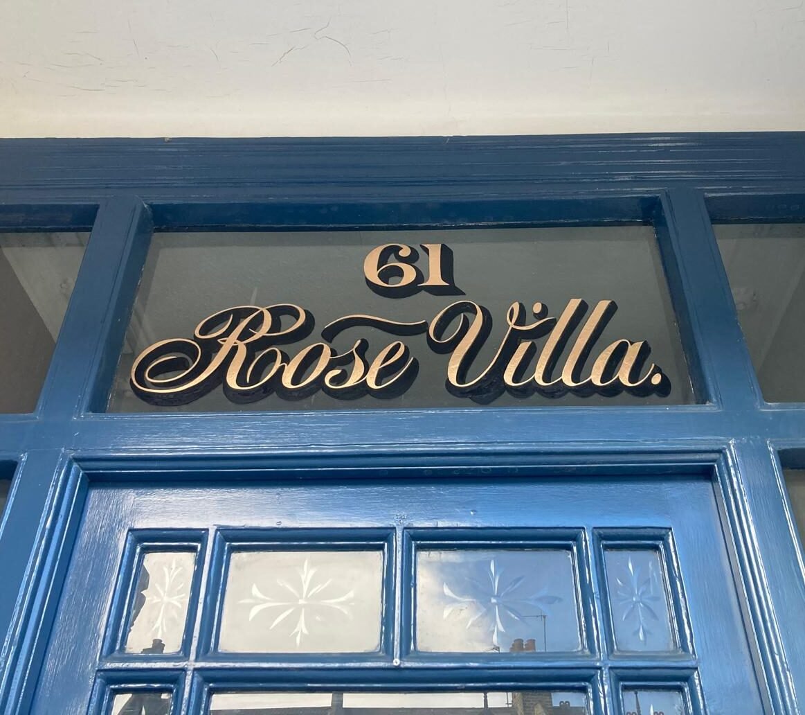 Restoration Rose Villa Gold leaf house numbers glass transom fanlight, hand painted NGS London