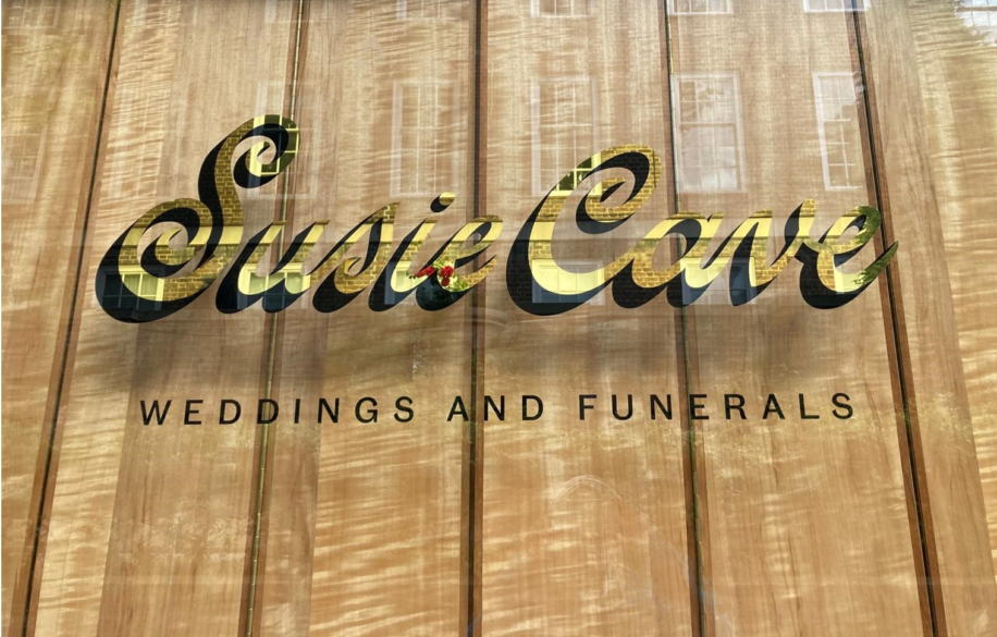 Traditional shop signwriter Lond.'Susie Cave' in gold leaf, Storefront signage, hand painted lettering by NGS premier signwriting UK