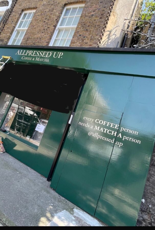 Sign Writing by NGS Signwriters of London storefront for AllPressed Up Coffee & Matcha; | NGS Sign lettering & writing. | NGS Sign lettering & writing. Sign Writing by NGS Signwriters of London storefront for AllPressed Up Coffee & Matcha;