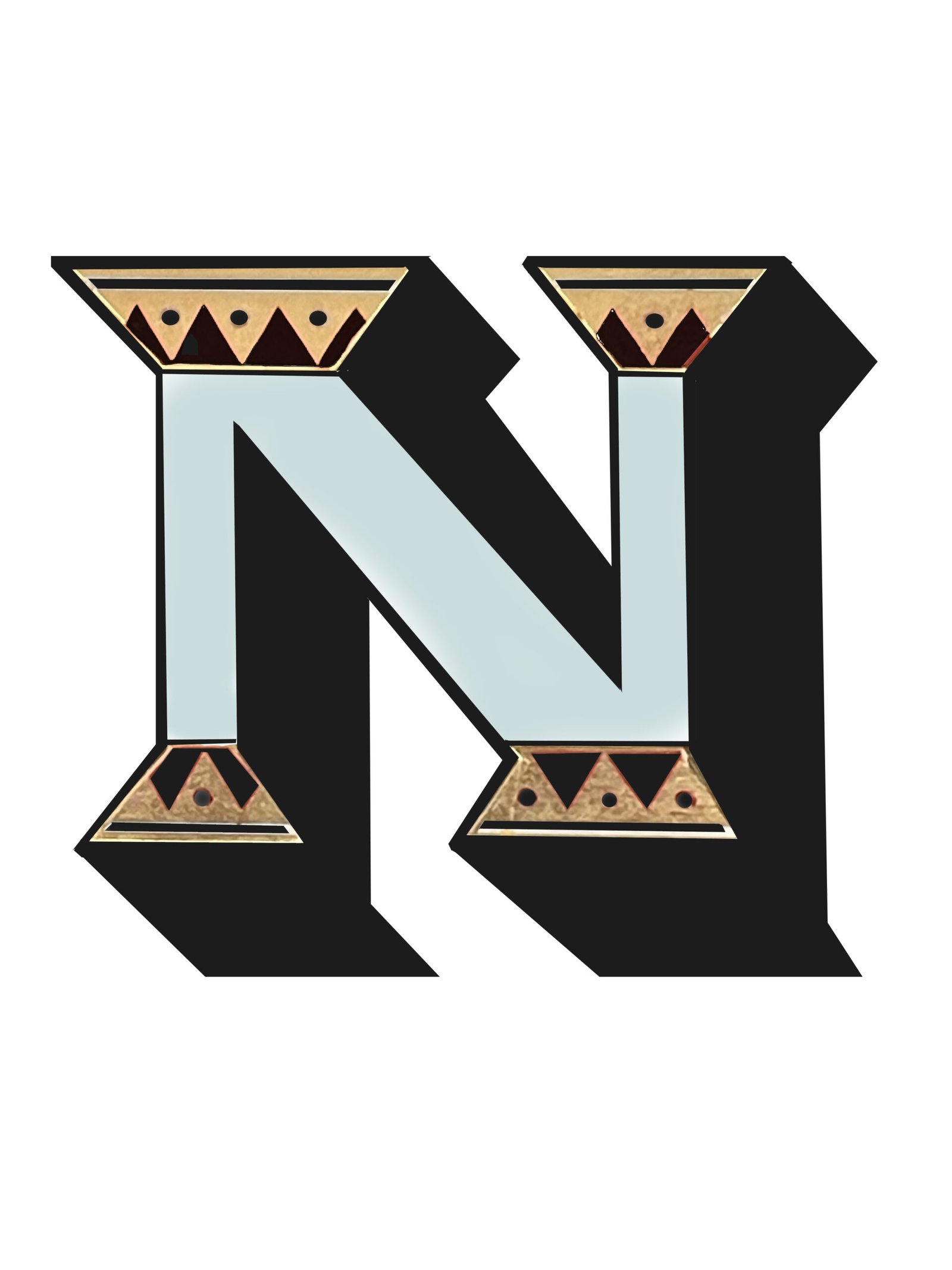 Decorative uppercase letters N and R with gold-trimmed borders and small triangular patterns on black shapes.