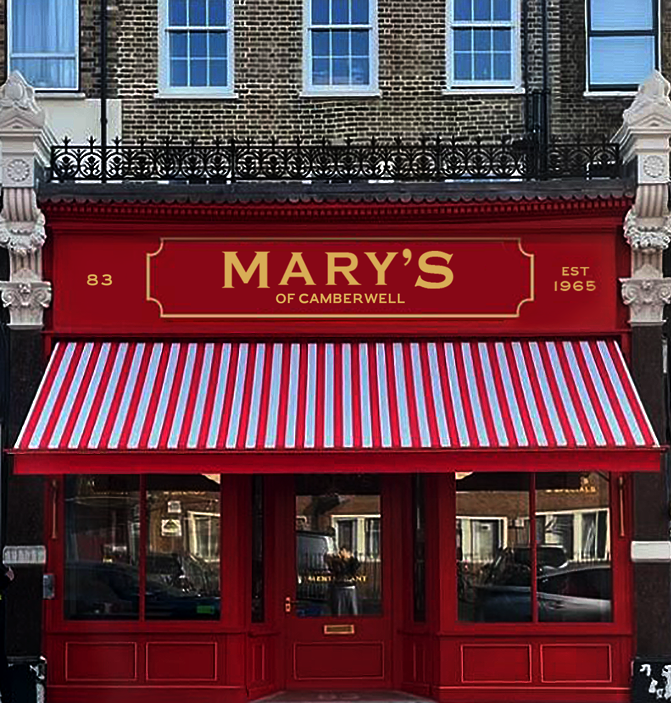 Red storefront with gold lettering 'MARY'S OF CAMBERWELL' RESTORATION Vintage Sign writing | NGS Sign lettering & writing. Mary's Cafe Brand Signage renovation 2025 by NGS Sign Writers of London