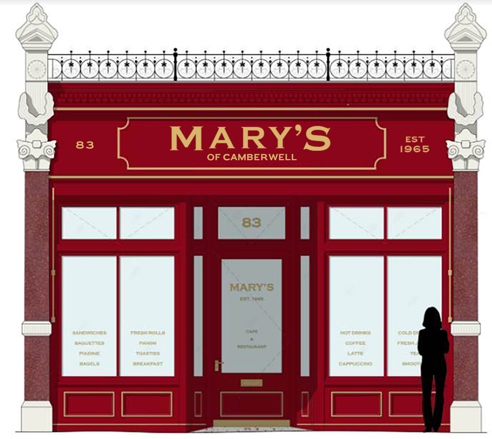 Red storefront with gold lettering 'MARY'S OF CAMBERWELL' RESTORATION Vintage Sign writing | NGS Sign lettering & writing. Mary's Cafe Brand Signage renovation 2025 by NGS Sign Writers of London