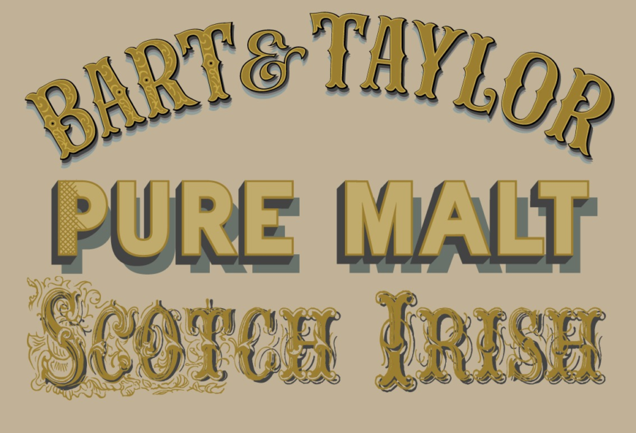 Retro poster-style label reading 'BART & TAYLOR' and 'PURE MALT SCOTCH WHISKY' in ornate fonts on a beige background